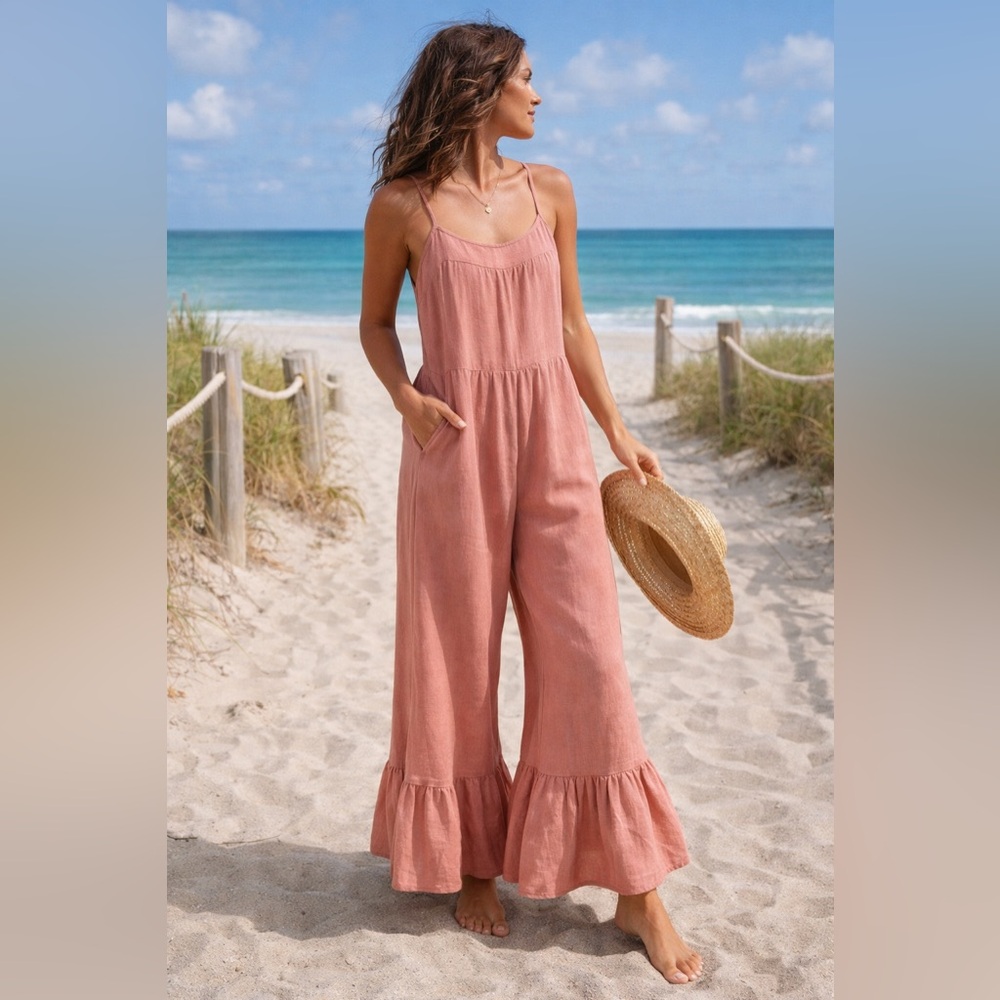 VERY J Pink Linen Blend Wide Leg Jumpsuit Smocked Back Boho Coastal Summer M - Picture 1 of 7